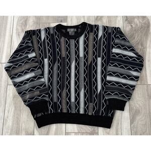 VTG Tundra Canada Mens 3D Knit Textured Sweater Size S Black Gray Retro Flaw*